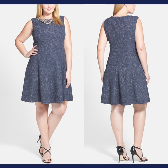 NEW Eliza J Embellished Neck‎ Fit & Flare Dress Women in Steel Grey [PLUS 14W ] - Picture 1 of 6